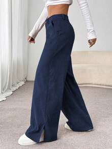 Unity Pantalones palazzo informales, holgados y de pierna ancha dividida de pana para mujeres, otoño/invierno - Azul marino - Ver 6