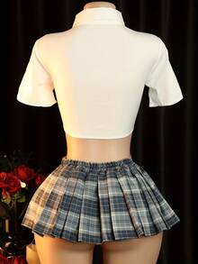 Sexy Lingerie Dress Set Charming Classic Plaid Cute Uniform Set For Women - Sexy Uniforms & Cosplay - 海藍色 - 查看 3