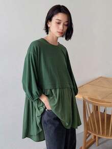 Camiseta de mujer holgada de cuello redondo informal con hombros caídos, camiseta oversize con volantes de verano - Verde - Ver 4