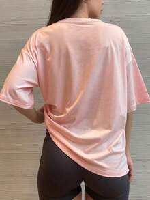 Camiseta de manga corta oversize, negro sólido, ajuste holgado casual para deportes blancos de verano - Rosa - Ver 6