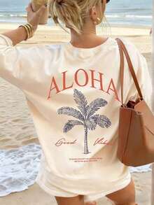 Camiseta de manga corta con cuello redondo y estampado de palmeras para mujer, estilo casual y moderno, tu prenda esencial diaria.Camiseta con Estampado, Tops para Mujer, Vacaciones de Verano - Albaricoque 3 - Ver 1