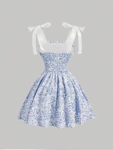 MOD Vestido corto rosado de mujer con estampado floral marrón y cinturón, vestido de patinadora acampanado vintage para graduación y té - Azul - Ver 2