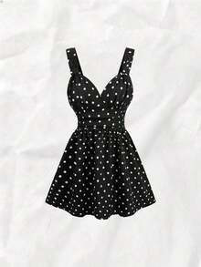 PariChic Nuevo vestido de verano para mujer con base negra y lunares blancos, con tirantes de espagueti, escote en V profundo y bajo acampanado. Estilo retro americano, encantador y llamativo para citas, tardes de té, reuniones con amigos, ir al trabajo y eventos sociales ligeros. - Negro - Ver 3