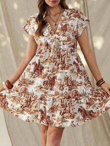 Vestido corto de manga corta básico para uso diario, con estampado nómada vintage de estilo occidental y campestre, para mujer en primavera/verano - Multicolor - Ver 10