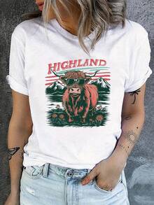 Camiseta con Estampado de Vaca de las Tierras Altas de Escocia, Estilo Retro Americano, Cuello Redondo, Manga Corta, Informal, para Mujer - Blanco - Ver 1