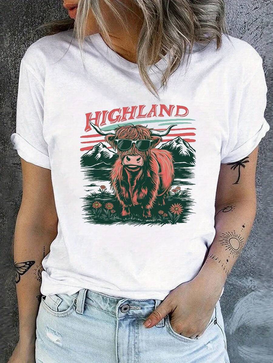 Camiseta con Estampado de Vaca de las Tierras Altas de Escocia, Estilo Retro Americano, Cuello Redondo, Manga Corta, Informal, para Mujer - Blanco - Ver 1