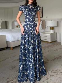 Spring 2026 Maxi Dress, Loose Fit With Floral Print, Elegant And Modern Style - Blue - View 8
