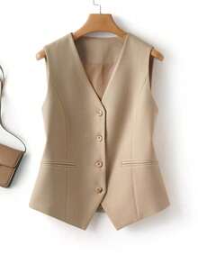 Women's Spring New Suit Vest Jacket, Slim Fit Commuter Versatile Sleeveless Top Summer - Khaki - View 1