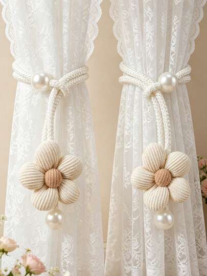 2pcs 3D Padded Floral & Pearl Window Curtain Tie Backs, Room Decor Mosquito Net Storage Strap, Adjustable Curtain Tie Rings, Home Decor