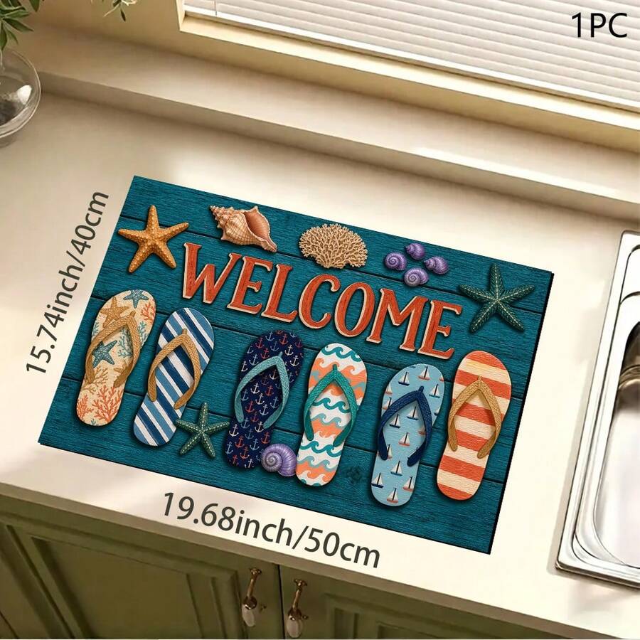 1pc Summer Slipper Print Pattern Drainage Mat/Absorbent Mat/Drying Mat For Coffee Machine, Tableware - Absorbent Polyester Desktop Protective Mat With Rubber Anti-Slip Pad, For Kitchen Counter Decor, Home Bar And Dining Table - Multicolor - View 1