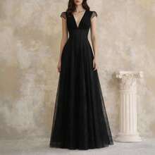 Vestido largo de mujer de moda en color sólido con cuello en V estilo té suave para primavera y otoño - Negro - Ver 8