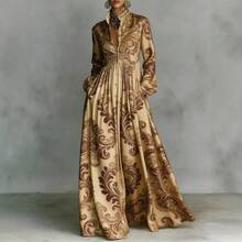 Women Plus Size Floral Print Long Sleeve Dress Elegant Vintage Waist Cinching Slim Fit Maxi Dress Casual Holiday Vacation Outfit Fashionable Retro Lounge Dress - Caqui - Ver 4