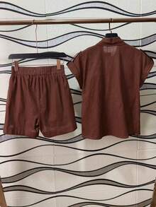 Women's Shirt And Shorts Set With Lining - Coffee Brown - View 2