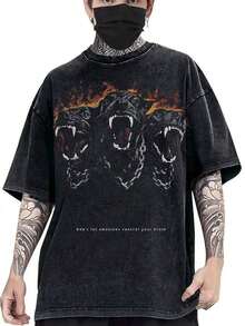 Camiseta de Hombre, Retro, Estampado de Bestia de Tres Cabezas, Estampado de Llamas y Cadenas, Lavado Vintage, Corte Holgado, Manga Corta, TopDG004 - Negro - Ver 2