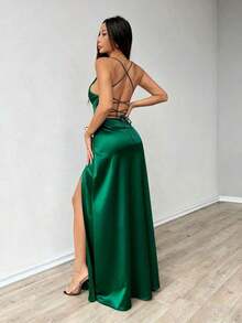 1 pieza Elegante y sexy vestido de satén de unicolor para fiesta con espalda descubierta, abertura alta asimétrica/asimétrica, lazo recortado, cordón y abertura en la espalda, adecuado para boda, fiesta de noche, gala formal, actuación en el escenario, baile de graduación, fiesta de cumpleaños, vacaciones, primavera/verano/otoño, color negro - Verde - Ver 2