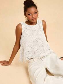 Blusa casual de mujer de cuello redondo sin mangas de color marrón, ideal para vacaciones, verano, primavera, fiestas, playa, San Valentín, disfraz de carnaval, elegante, floral, carnaval, de primavera a verano, fiesta, invitada de boda, cumpleaños, estilo mexicano bohemio para mujer - Blanco - Ver 3