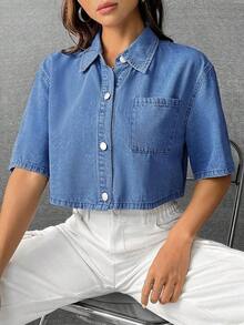 Camisa mezclilla con parche con bolsillo de hombros caídos - Azul lavado oscuro 2 - Ver 7