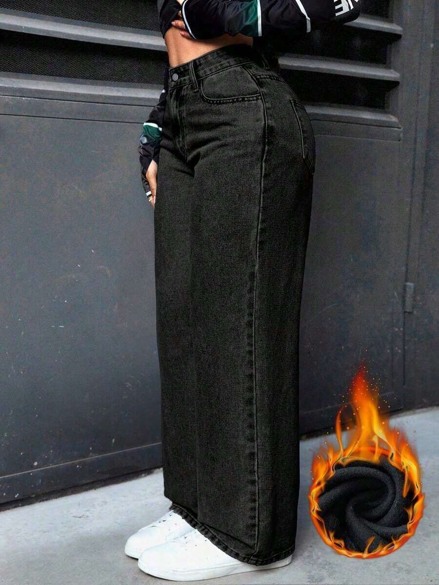 PETITE Jeans rectos de pierna suelta y lavados para mujer - Gris - Ver 1