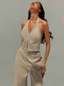 Top sin mangas con cuello en V y espalda abierta para mujer de oficina en primavera/verano y pantalones anchos de pierna, conjunto de estilismo adelgazante y alargador para ropa casual - Caqui - Ver 1