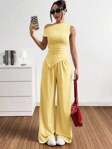 Set de 2 piezas de mujer con top de cuello asimétrico en unicolor y pantalones con bolsillos tejidos - amarillo ganso - Ver 5