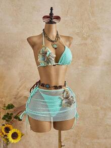 Bellisia Conjunto de bikini de 3 piezas con estampado floral de tela texturizada, traje de baño con falda, conjunto de falda de playa para vacaciones de primavera/verano, conjunto de falda de bikini marrón de 2 piezas para mujer - Verde - Ver 4