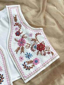Blusa de mujer con estilo romántico campestre, bordada con flores coloridas sobre fondo blanco, de frente abierto y sin mangas, ropa de mujer para otoño, ropa de vacaciones, ropa de vuelta al colegio - Multicolor - Ver 6