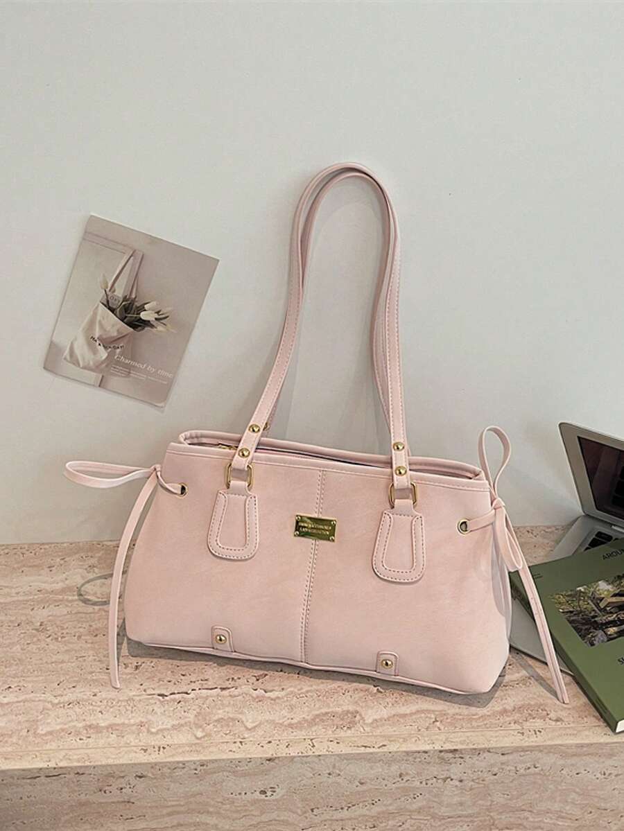 Bolso de hombro versátil con encanto de oso de peluche y decoración de lazo, bolso grande para ir al trabajo, color rosa pastel, primavera/verano 2026