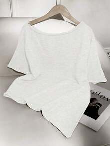 Blusa holgada de estilo sexy con hombros descubiertos, cuello enrollado, mangas enrolladas, bajo asimétrico, unicolor, de manga corta, de punto, casual, suelta, tipo murciélago, sobredimensionada, camiseta sexy, primavera, verano, otoño - Blanco - Ver 5