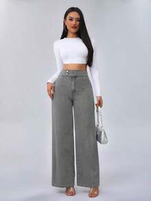 Tall Pantalones vaqueros para mujer de cintura alta, estilo casual, pierna ancha y recta, color azul, para mujeres de estatura alta - Gris - Ver 6