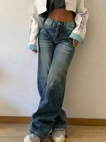 Jeans rectos holgados y apilados de estilo vintage para mujer, casuales para primavera - Azul marino 2 - Ver 2