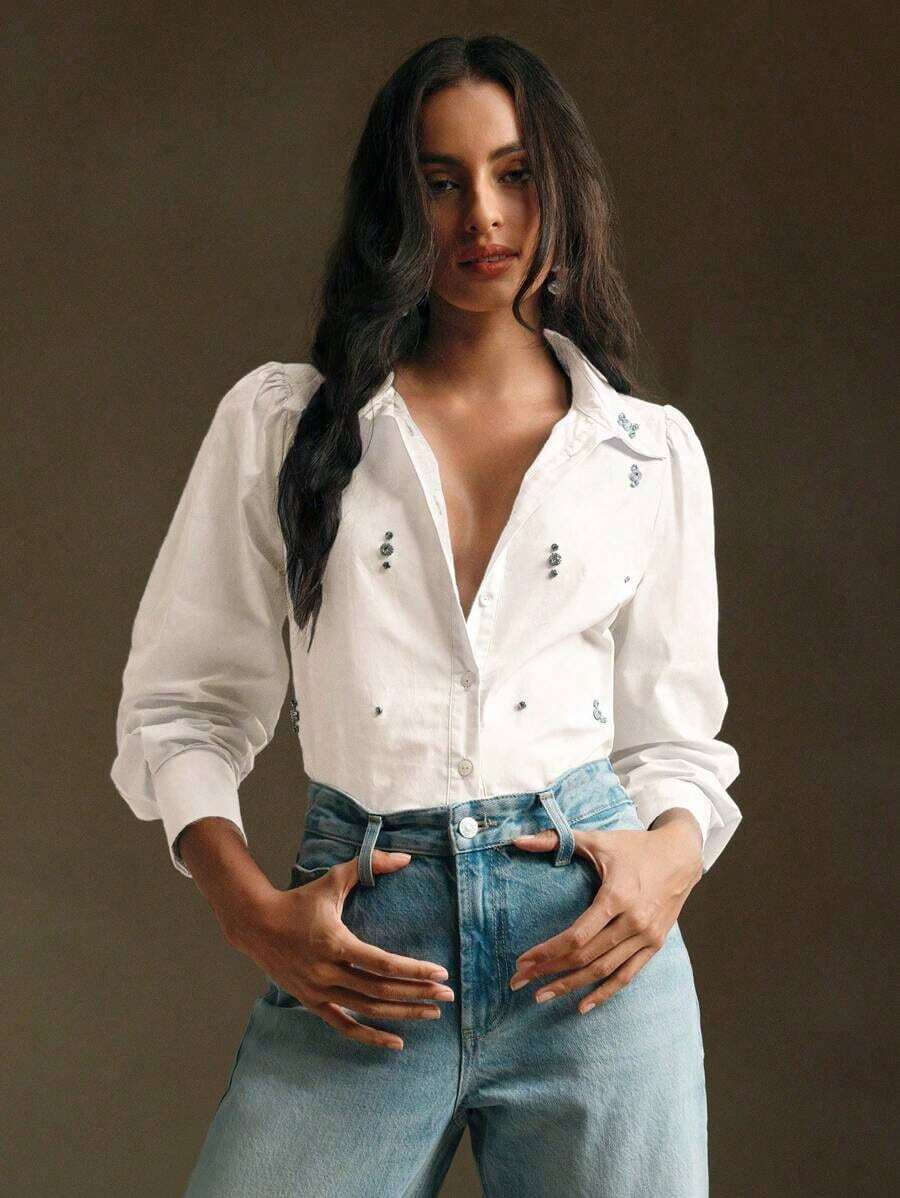 Blusa de manga larga para mujer con adornos de strass verde, elegante para fiestas, casual para ir al trabajo, ideal para primavera/verano, vacaciones y el Día de San Valentín - Blanco - Ver 1