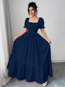 Vestido de mujer con cuello cuadrado, mangas abullonadas, nudo delantero, espalda descubierta y cintura ceñida - Azul marino - Ver 4