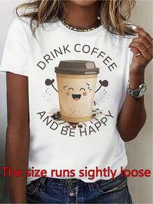GiftRegalo: 1 camiseta blanca para mujer con estampado de taza de café, cuello redondo, camiseta casual de algodón, tejido de punto de elasticidad media, corte regular para damas, para primavera/verano/otoño, suave.Soft - Blanco - Ver 6