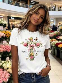 Women's "He Is Risen" Easter Floral T-Shirt, Soft Casual Fit, Short Sleeve, Round Neck, For Spring And Summer, Machine Washable. - 白色的 - 查看 2