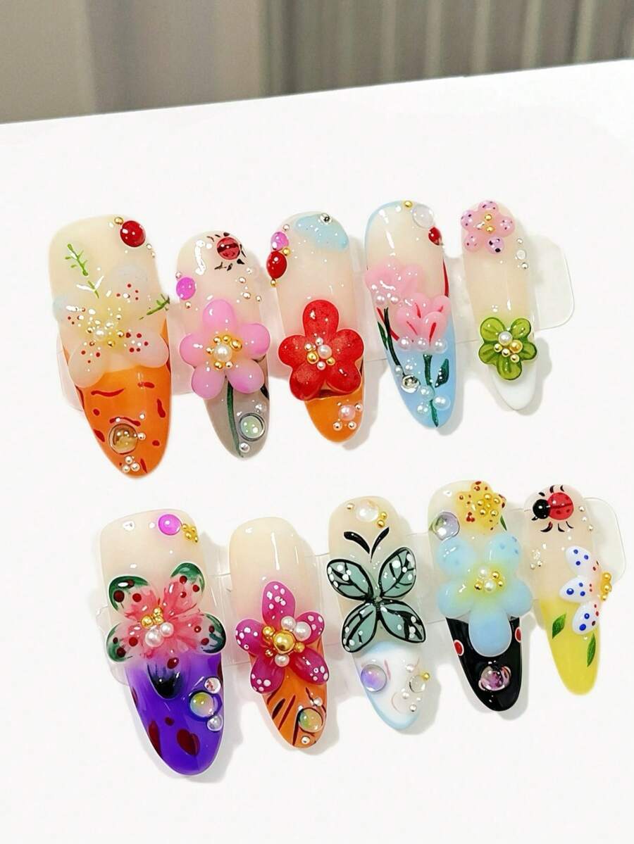 10片/套 美甲贴片,夏日岛屿仙子,法式3D,花虫雕刻,跨境出口,手工制作可佩戴美甲 - 彩色 - 查看 1