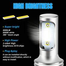 2pcs H7 LED Car Headlight Bulb Kit, High/Low Beam, 80W, 6000K, Bright - 1860 - View 7