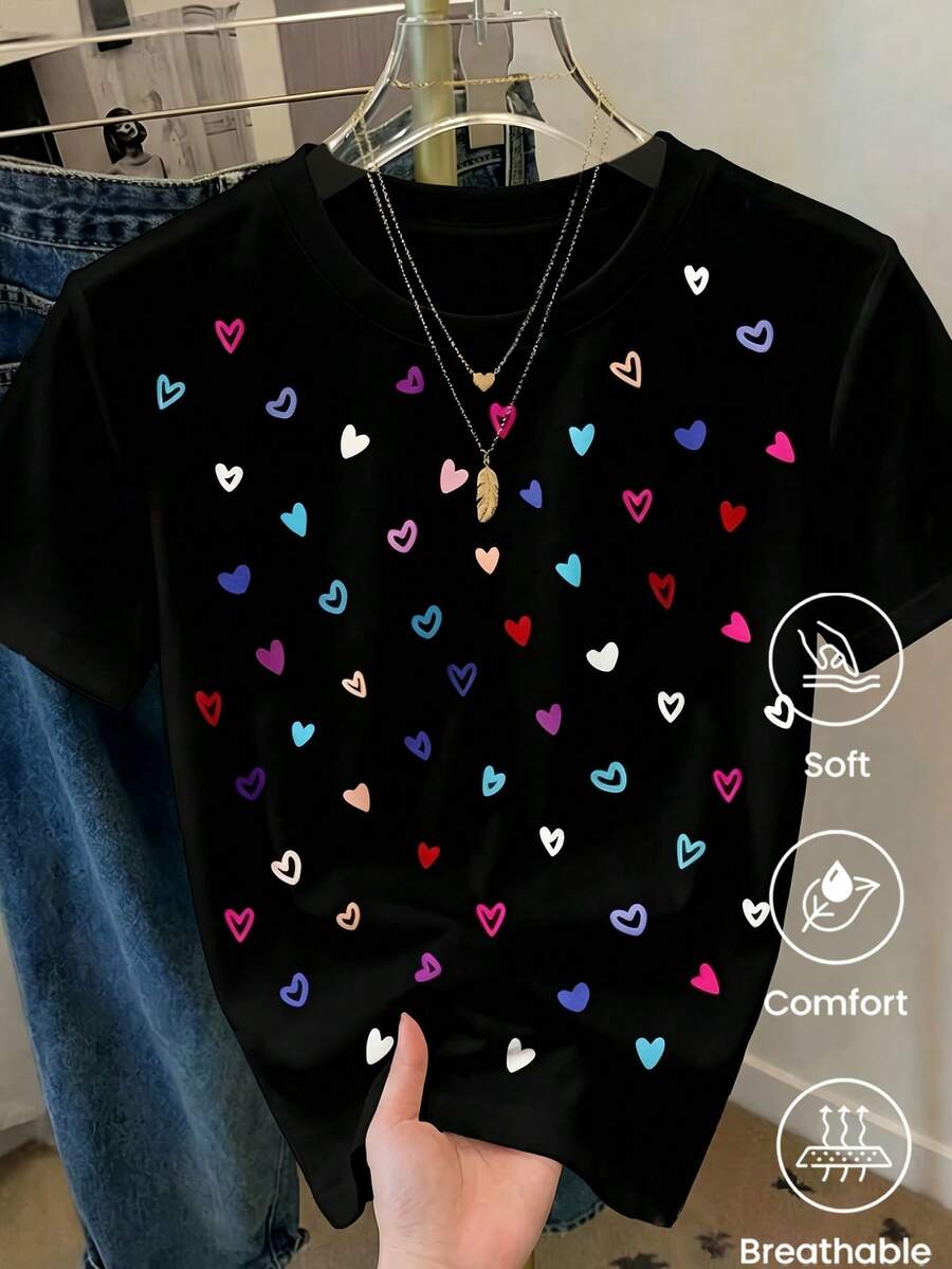 180 g Hecho en México, Moda Primavera/Verano 2026 Camiseta de manga corta, Estampado de dibujos animados, Estilo para parejas, Ropa interior/exterior, Cuello redondo informal para la oficina, Top unisex de una pieza - Negro - Ver 1