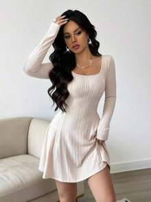 Vestido casual de mujer de unicolor con cuello redondo, manga larga, espalda descubierta y costilla retorcida, para otoño, vestidos de otoño, atuendos de otoño para mujer, vestidos de invierno para mujer, vestido con lazo en la espalda, vestido de moda y versátil, para uso al aire libre, uso casual diario en el hogar - Albaricoque - Ver 3