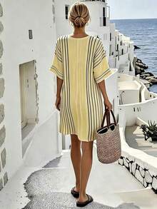 Holidaya Vestido de verano casual, holgado, de manga corta y cuello en V a rayas para mujer - Amarillo - Ver 2