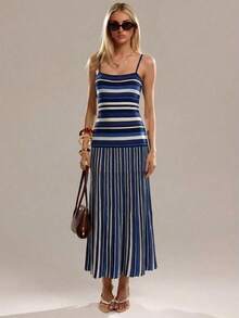 Vestido de punto casual ajustado sin mangas con rayas para mujer - Azul marino - Ver 5