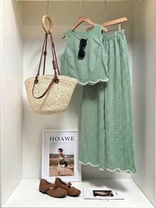 Frenchy Conjunto de 2 piezas de top sin mangas de cuello redondo a cuadros y pantalones para mujer - Verde - Ver 8