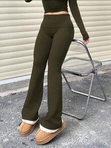 Pantalones acampanados de cintura ancha de unicolor casual para mujer, leggings delgados de cintura alta con pliegues, primavera - Verde Oliva - Ver 2