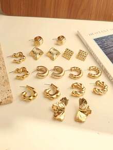 18/6pcs Fashion Earring Set, Exaggerated Elegant Long Earrings With Left And Right Flower Designs, Multi-Style Earring Set Suitable For Daily And Festival Wear, Made Of ABS Resin With UV Plated Non-Fading Gold - Gold - View 2