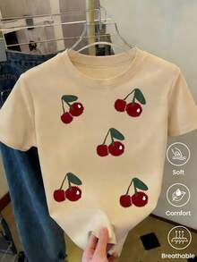 Niche Design 180g Made In Mexico, Spring/Summer 2026 Fashion Short Sleeve T-Shirt, Cartoon Print, Couple Style, Underwear/Outerwear, Casual Office Crew Neck, Unisex One Piece Top 100% Cotton - 杏 - 查看 3
