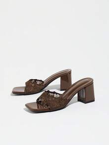 Women's High Heel Shoes Spring/Summer Night Party Commute Style Lace Embroidery Mule Square Toe Chunky Heel Sexy Glamorous High-End Coffee Color - Coffee Brown - View 5