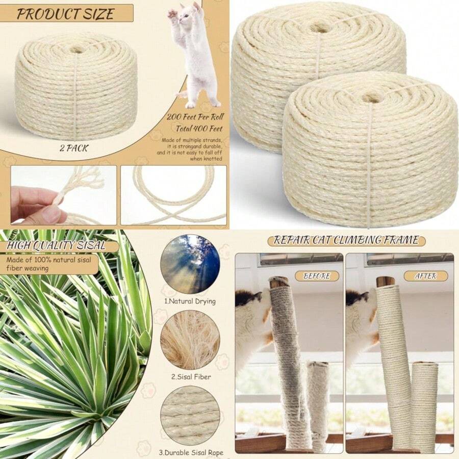 Cuerda de sisal para rascador de gatos de 1/4 pulgadas x 400 pies en total, cuerda de árbol para gatos y gatos, piezas de repuesto, cuerda de cáñamo, para estantes de gatitos, tableros, - como en la foto - Ver 1