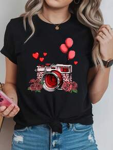 Camiseta manga corta cuello redondo 100% algodón, estampado trendy, tejido ligero y ventilado, estilo moda casual, apta para vida diaria, salidas informales y citas en primavera, verano y otoño - Negro - Ver 7