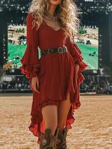 Vestido largo vintage mujer, unicolor volantes irregular cuello V cintura alta boho otoño - Color caoba - Ver 1