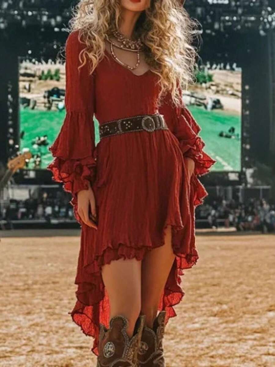 Vestido largo vintage mujer, unicolor volantes irregular cuello V cintura alta boho otoño - Color caoba - Ver 1
