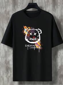 Camiseta de manga corta de primavera/verano 2023, moda americana, marca de, estampado para hombre y adolescente, cuello redondo, talla grande y top casual versátil más ancho - Negro - Ver 2